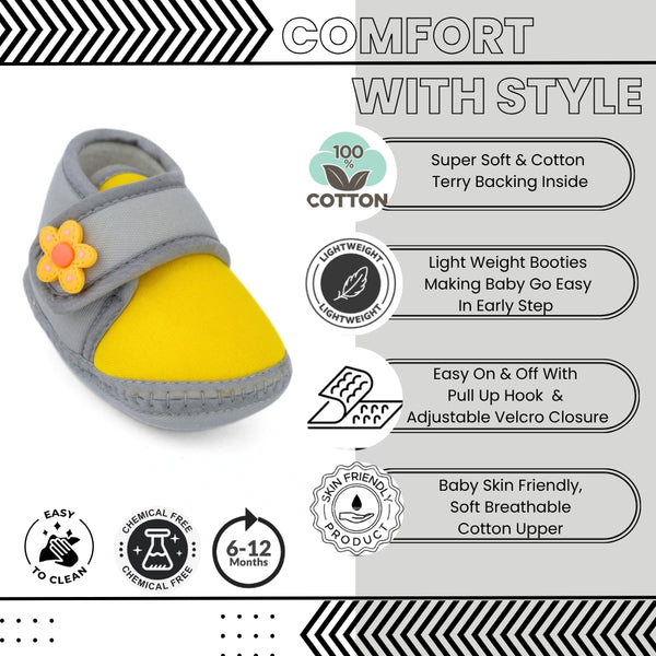 Baby Unisex Cotton Floral Grey Velcro Booties-BT5400
