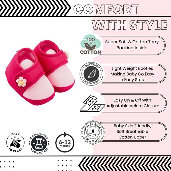 Baby Unisex Cotton Floral Pink Velcro Booties-BT5401
