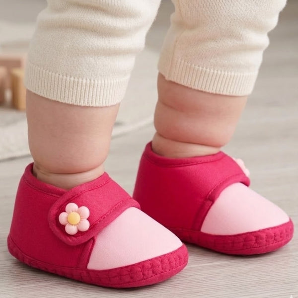 Baby Unisex Cotton Floral Pink Velcro Booties-BT5401