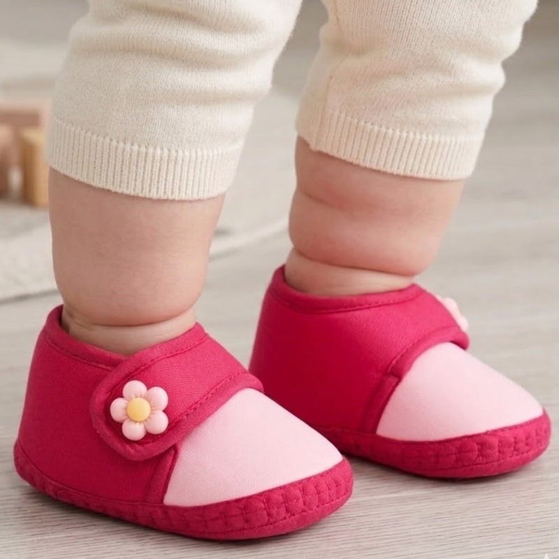 Baby Unisex Cotton Floral Pink Velcro Booties-BT5401