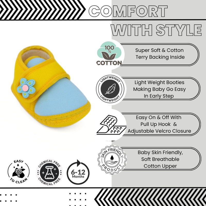 Baby Unisex Cotton Floral Yellow,Blue Velcro Booties-BT5402
