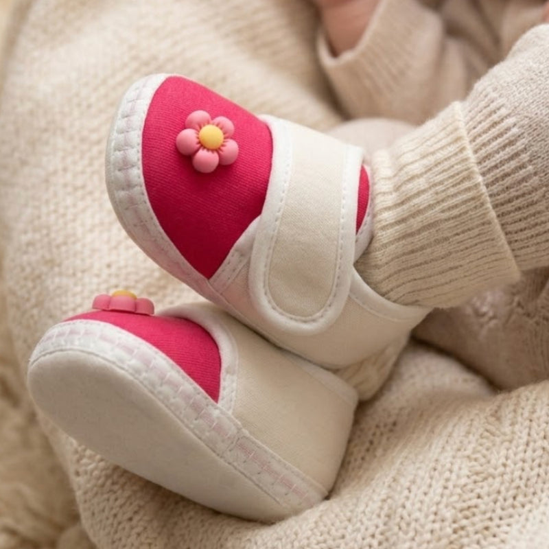 Baby Unisex Cotton Floral White Velcro Booties-BT5404