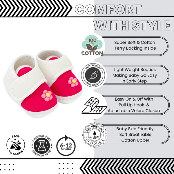 Baby Unisex Cotton Floral White Velcro Booties-BT5404