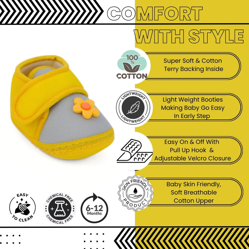 Baby Unisex Cotton Floral Grey,Yellow Velcro Booties-BT5405