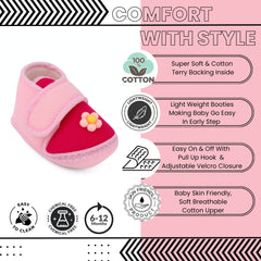 Baby Unisex Cotton Floral Pink Velcro Booties-BT5406