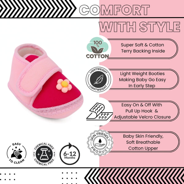 Baby Unisex Cotton Floral Pink Velcro Booties-BT5406