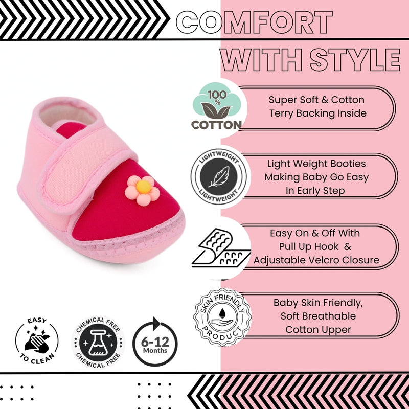 Baby Unisex Cotton Floral Pink Velcro Booties-BT5406