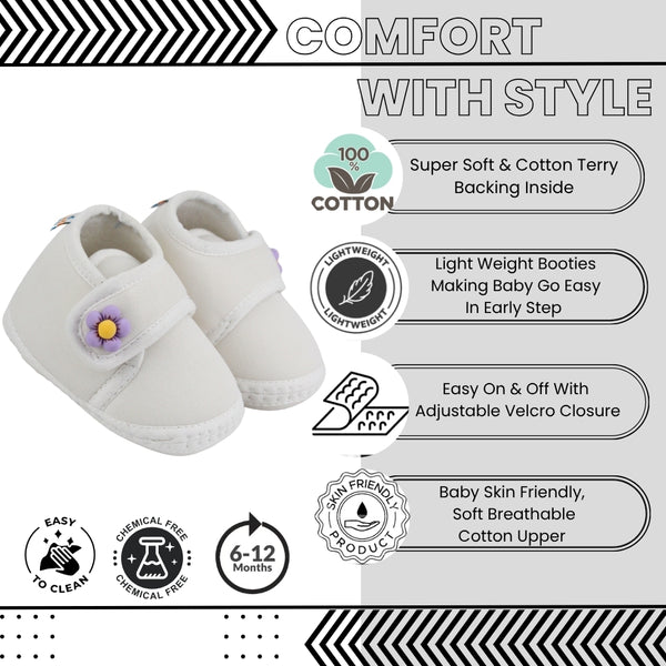 Baby Unisex Skin-friendly Cotton Floral White Velcro Shoe Booties-BT5410
