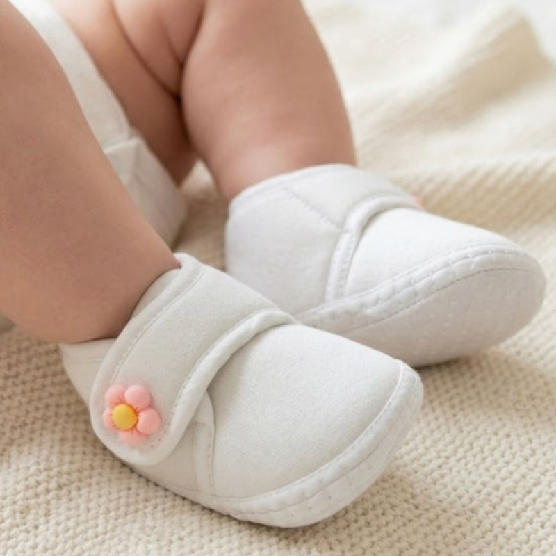 Baby Unisex Cotton Floral White Velcro Booties-BT5411