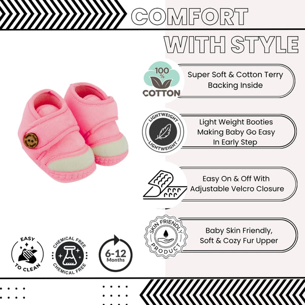 Baby Unisex Soft Velboa Pink,White Velcro Booties-BT5413