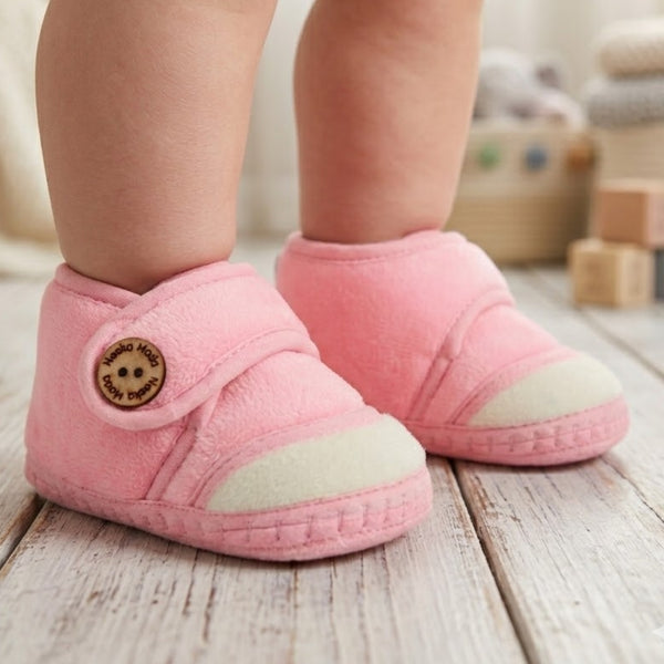 Baby Unisex Soft Velboa Pink,White Velcro Booties-BT5413