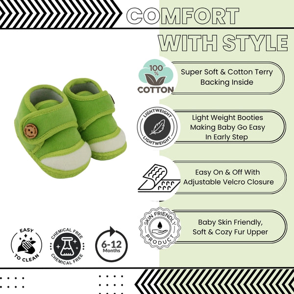 Baby Unisex Soft Velboa Green,White Velcro Booties-BT5414