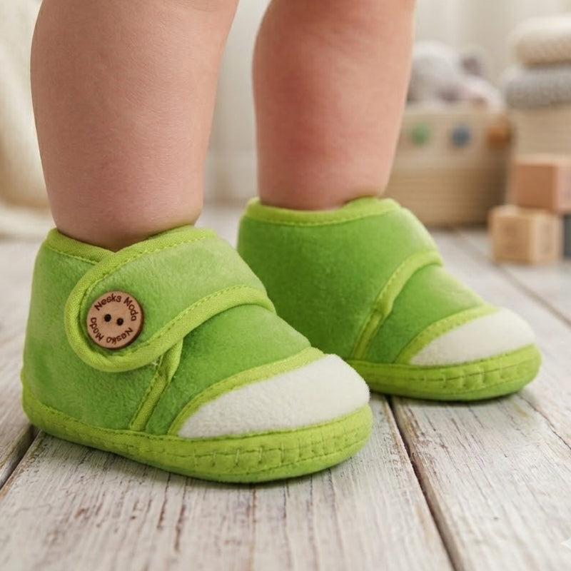 Baby Unisex Soft Velboa Green,White Velcro Booties-BT5414