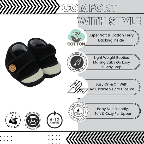 Baby Unisex Soft Velboa Black,White Velcro Booties-BT5416
