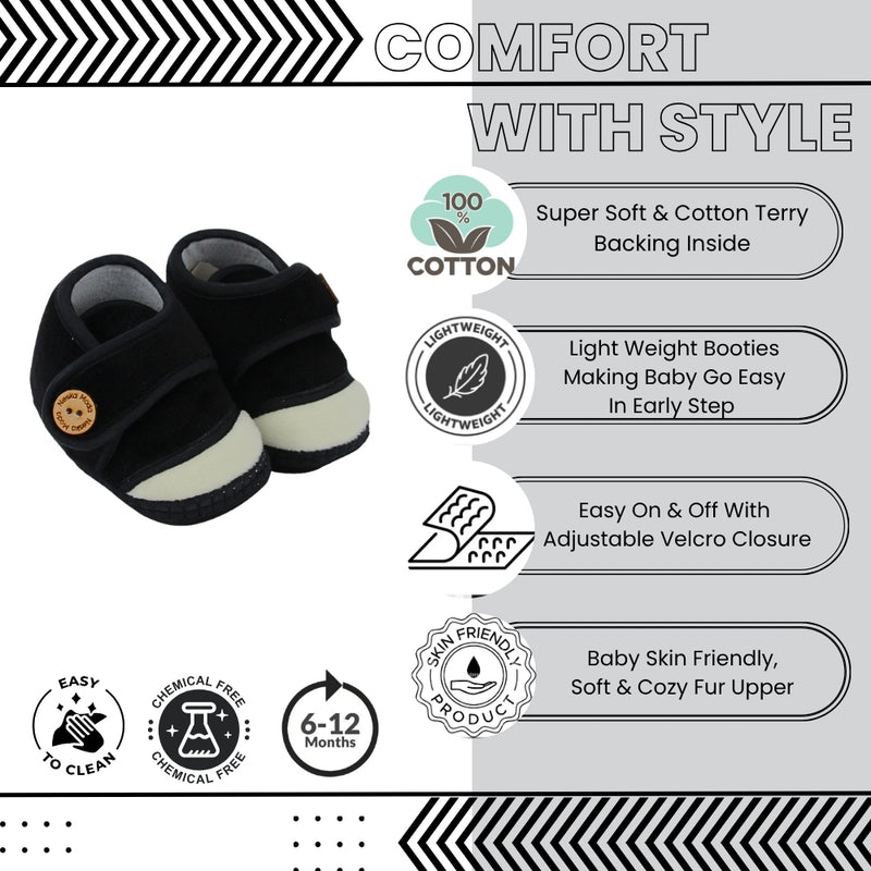 Baby Unisex Soft Velboa Black,White Velcro Booties-BT5416
