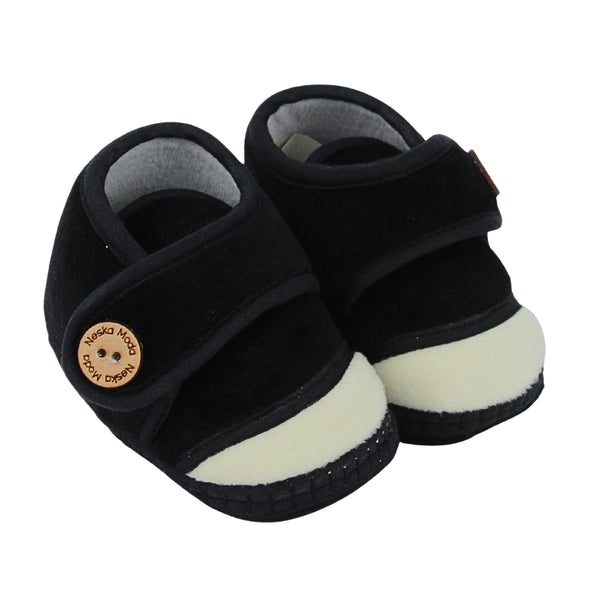 Baby Unisex Soft Velboa Black,White Velcro Booties-BT5416