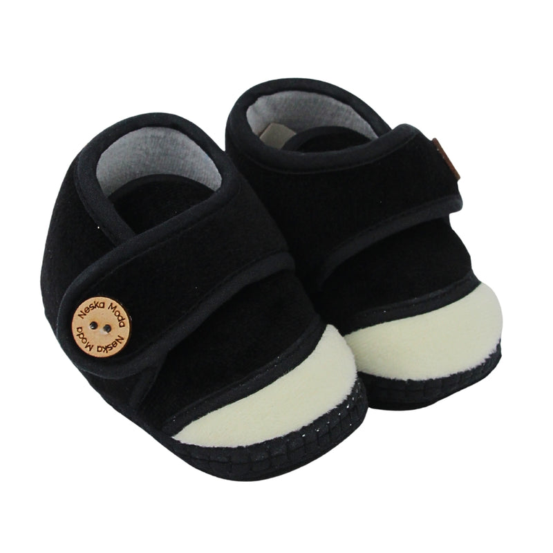 Baby Unisex Soft Velboa Black,White Velcro Booties-BT5416