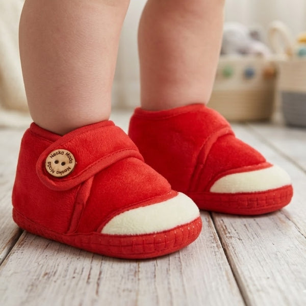 Baby Unisex Soft Velboa Red,White Velcro Booties-BT5417