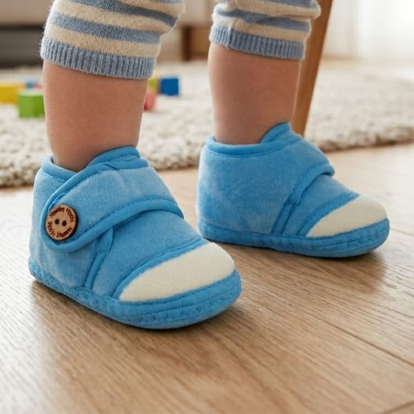Baby Unisex Soft Velboa Blue,White Velcro Booties-BT5418