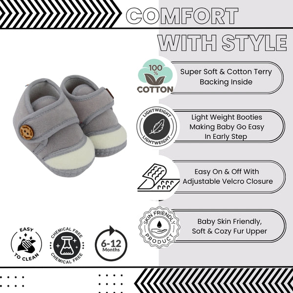 Baby Unisex Soft Velboa Grey,White Velcro Booties-BT5420