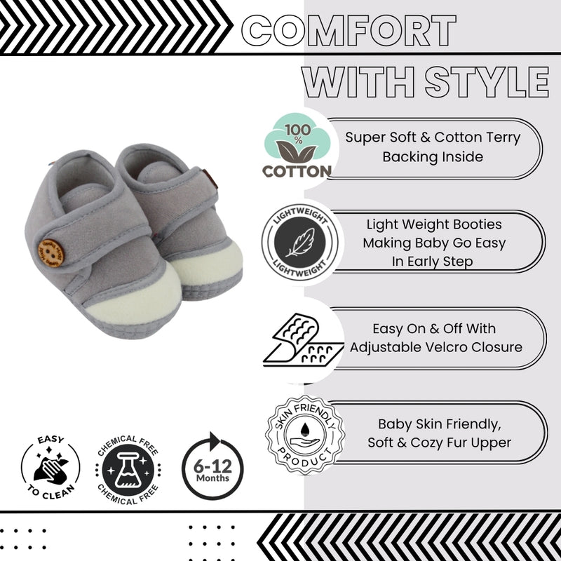 Baby Unisex Soft Velboa Grey,White Velcro Booties-BT5420