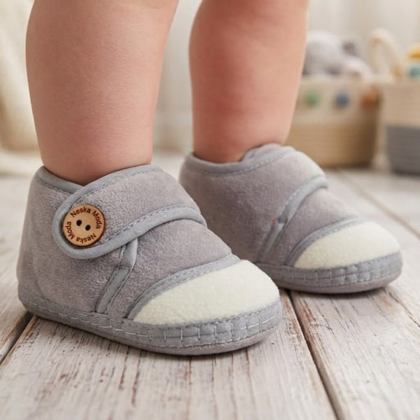 Baby Unisex Soft Velboa Grey,White Velcro Booties-BT5420