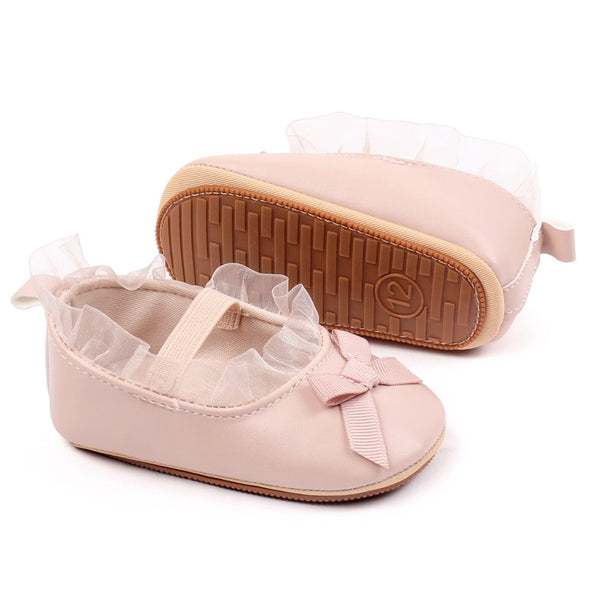 Baby Girls Bow & Frill Slip On Anti Skid Pink Bellies Booties-BT5446