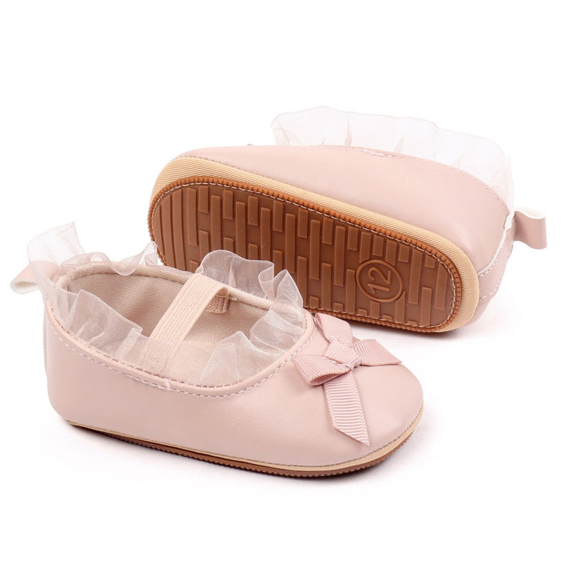 Baby Girls Bow & Frill Slip On Anti Skid Pink Bellies Booties-BT5446