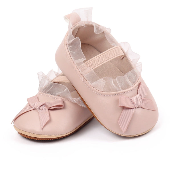 Baby Girls Bow & Frill Slip On Anti Skid Pink Bellies Booties-BT5446