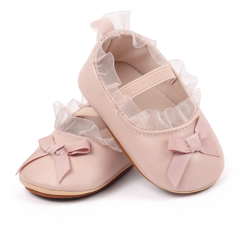Baby Girls Bow & Frill Slip On Anti Skid Pink Bellies Booties-BT5446