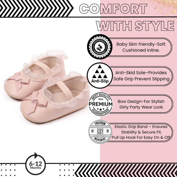 Baby Girls Bow & Frill Slip On Anti Skid Pink Bellies Booties-BT5446