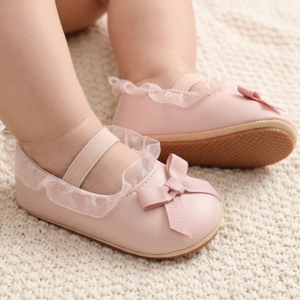 Baby Girls Bow & Frill Slip On Anti Skid Pink Bellies Booties-BT5446