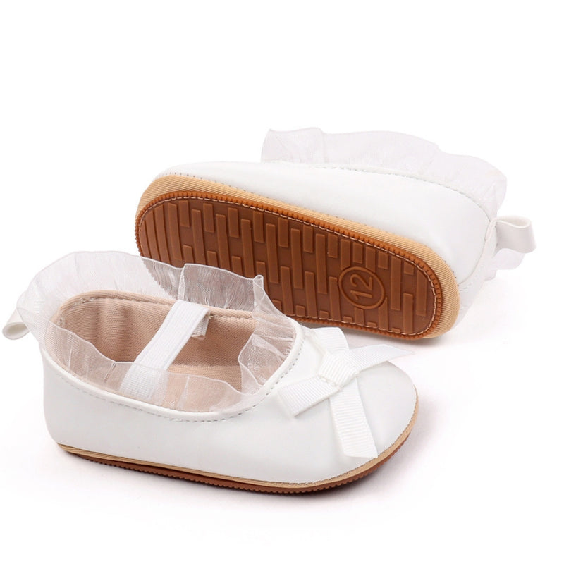 Baby Girls Bow & Frill Slip On Anti Skid White Bellies Booties-BT5447