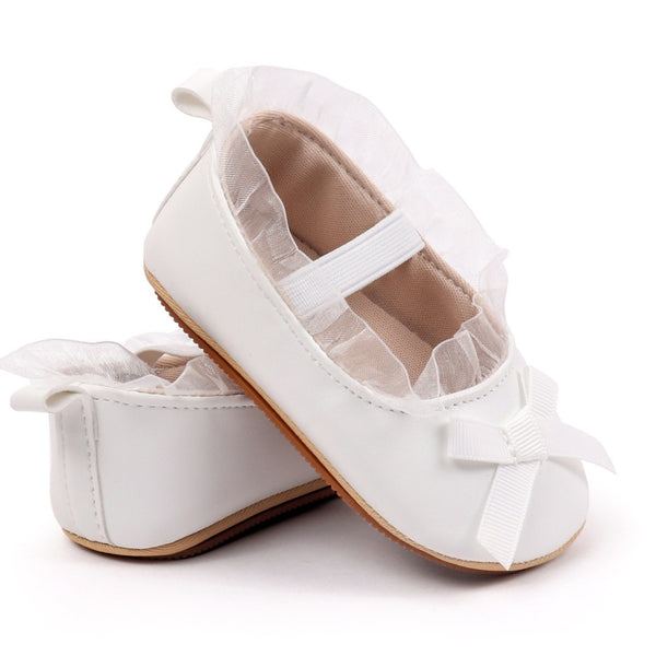 Baby Girls Bow & Frill Slip On Anti Skid White Bellies Booties-BT5447