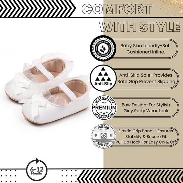 Baby Girls Bow & Frill Slip On Anti Skid White Bellies Booties-BT5447