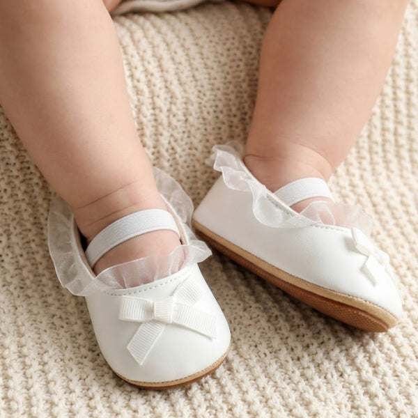 Baby Girls Bow & Frill Slip On Anti Skid White Bellies Booties-BT5447