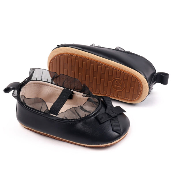 Baby Girls Bow & Frill Slip On Anti Skid Black Bellies Booties-BT5448