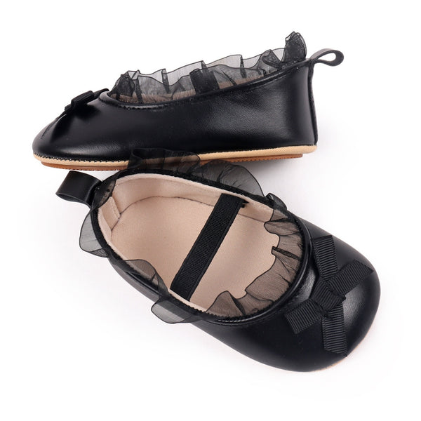 Baby Girls Bow & Frill Slip On Anti Skid Black Bellies Booties-BT5448
