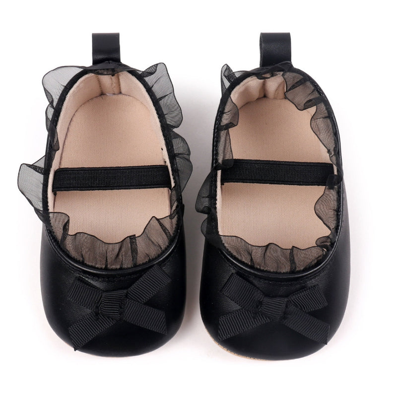 Baby Girls Bow & Frill Slip On Anti Skid Black Bellies Booties-BT5448