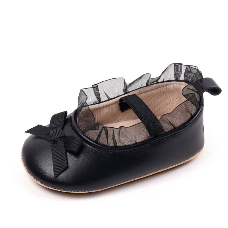 Baby Girls Bow & Frill Slip On Anti Skid Black Bellies Booties-BT5448
