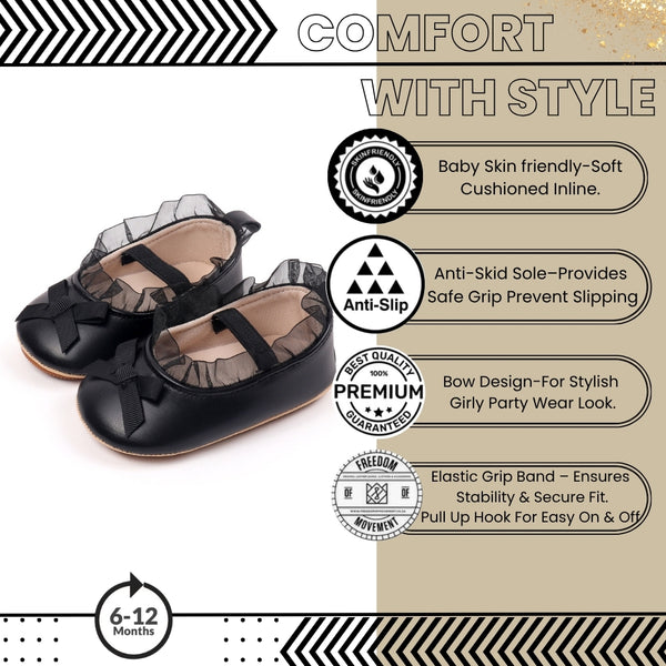 Baby Girls Bow & Frill Slip On Anti Skid Black Bellies Booties-BT5448