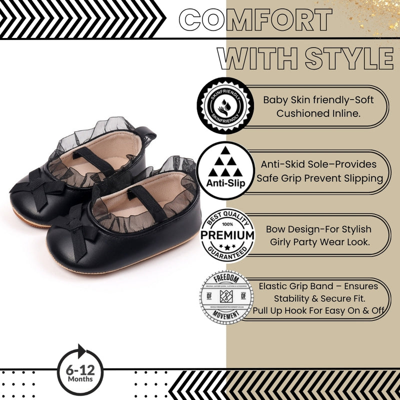 Baby Girls Bow & Frill Slip On Anti Skid Black Bellies Booties-BT5448