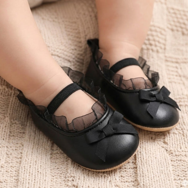 Baby Girls Bow & Frill Slip On Anti Skid Black Bellies Booties-BT5448