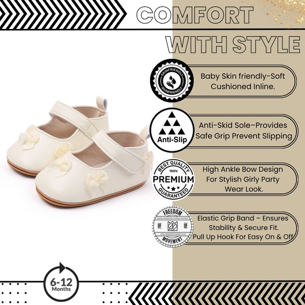 Baby Girls Bow Velcro Anti Slip White Bellies Booties-BT5449