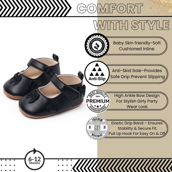 Baby Girls Bow Velcro Anti Slip Black Bellies Booties-BT5450