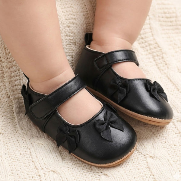 Baby Girls Bow Velcro Anti Slip Black Bellies Booties-BT5450