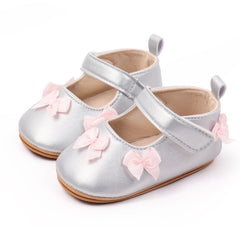 Baby Girls Bow Velcro Anti Slip Silver Bellies Booties-BT5451