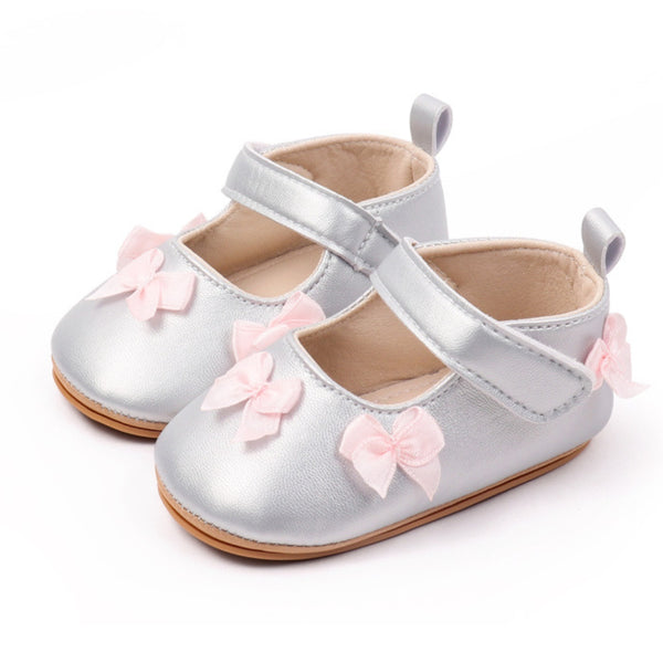 Baby Girls Bow Velcro Anti Slip Silver Bellies Booties-BT5451