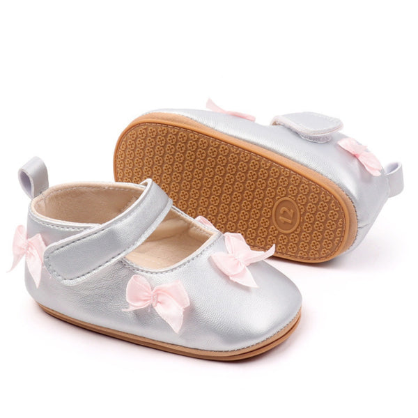 Baby Girls Bow Velcro Anti Slip Silver Bellies Booties-BT5451