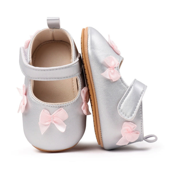 Baby Girls Bow Velcro Anti Slip Silver Bellies Booties-BT5451